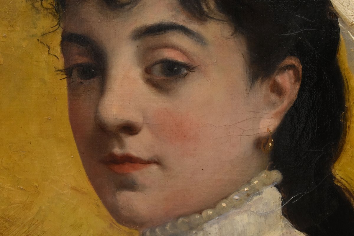 QUADRI ANTICHI, RITRATTI DI GIOVANE DONNA  ABITO BIANCO, FORMA OVALE, OLIO SU TELA, XIX (QR764)-photo-4