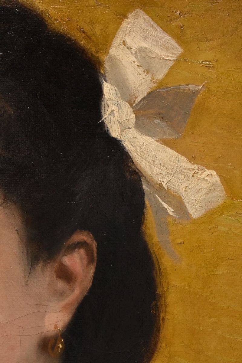 QUADRI ANTICHI, RITRATTI DI GIOVANE DONNA  ABITO BIANCO, FORMA OVALE, OLIO SU TELA, XIX (QR764)-photo-2