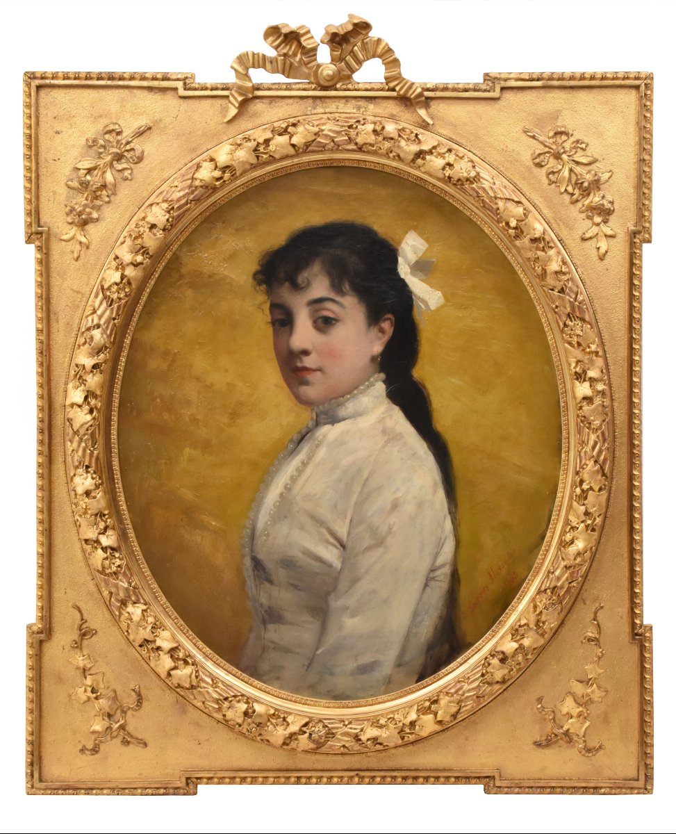 QUADRI ANTICHI, RITRATTI DI GIOVANE DONNA  ABITO BIANCO, FORMA OVALE, OLIO SU TELA, XIX (QR764)