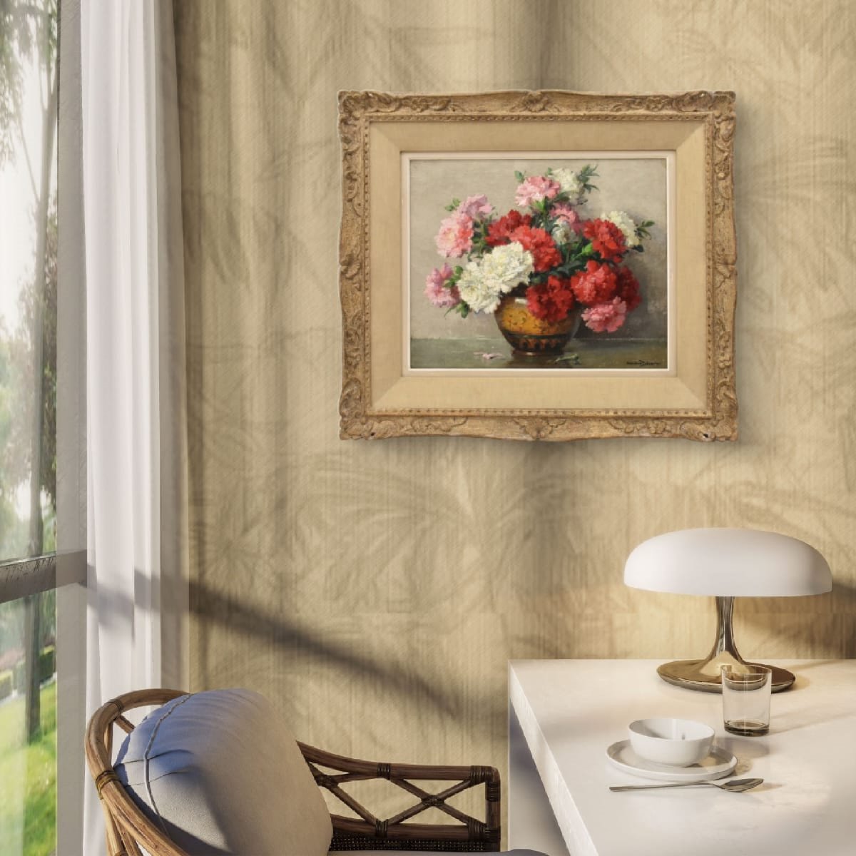 QUADRI ANTICHI, ART DECO, NATURA MORTA CON FIORI DI GAROFANI, OLIO SU TELA, XX SECOLO. (QF765)-photo-2