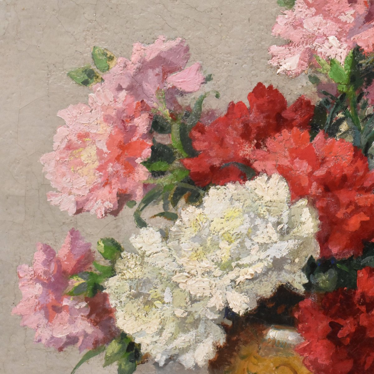 QUADRI ANTICHI, ART DECO, NATURA MORTA CON FIORI DI GAROFANI, OLIO SU TELA, XX SECOLO. (QF765)-photo-4