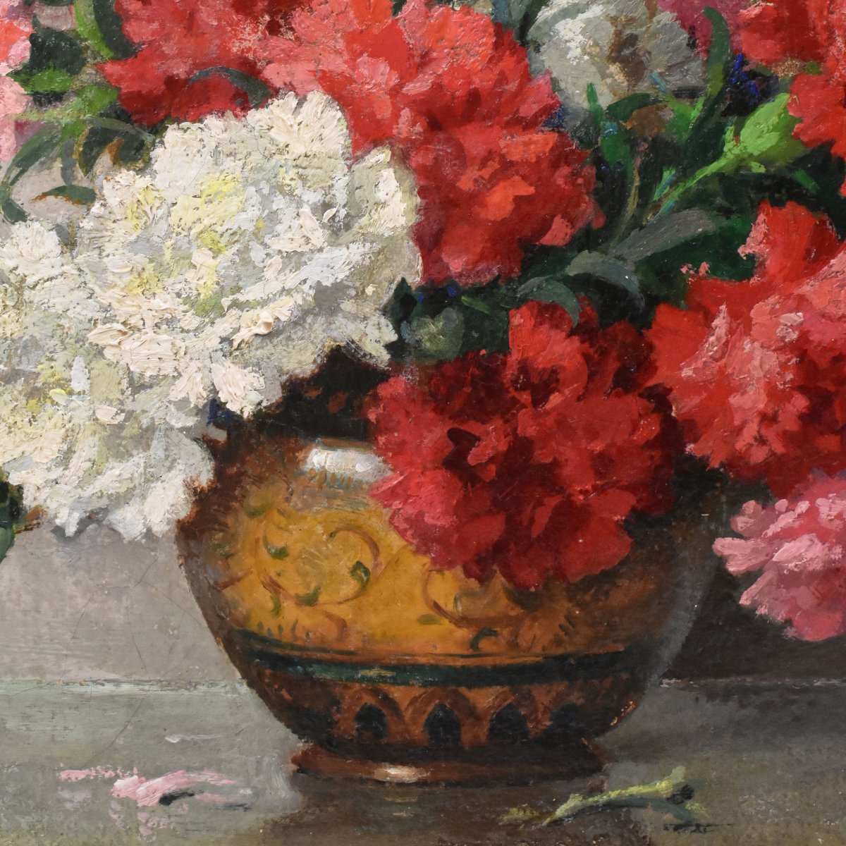 QUADRI ANTICHI, ART DECO, NATURA MORTA CON FIORI DI GAROFANI, OLIO SU TELA, XX SECOLO. (QF765)-photo-1