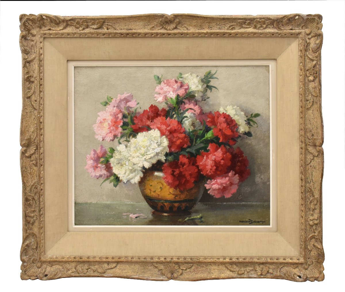 QUADRI ANTICHI, ART DECO, NATURA MORTA CON FIORI DI GAROFANI, OLIO SU TELA, XX SECOLO. (QF765)