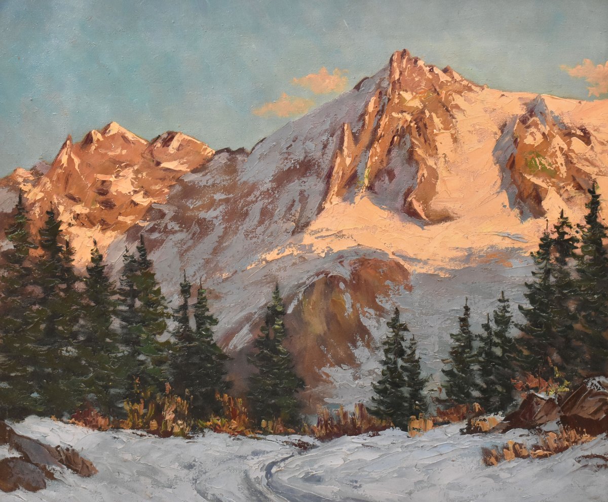 DIPINTI ANTICHI, QUADRI PAESAGGI DI MONTAGNA, ALPI INNEVATE, OLIO SU TELA, XX. (QP766)-photo-3