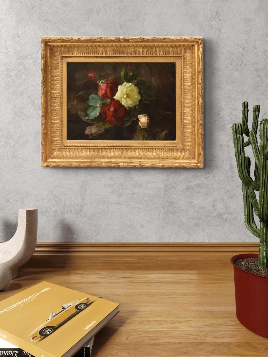 NATURA MORTA DI FIORI CON ROSE, QUADRI ANTICHI, OLIO SU TELA, XIX SECOLO. (QF767)-photo-2