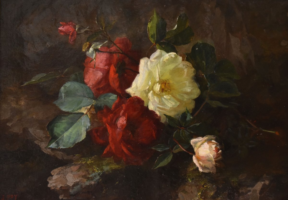 NATURA MORTA DI FIORI CON ROSE, QUADRI ANTICHI, OLIO SU TELA, XIX SECOLO. (QF767)-photo-3