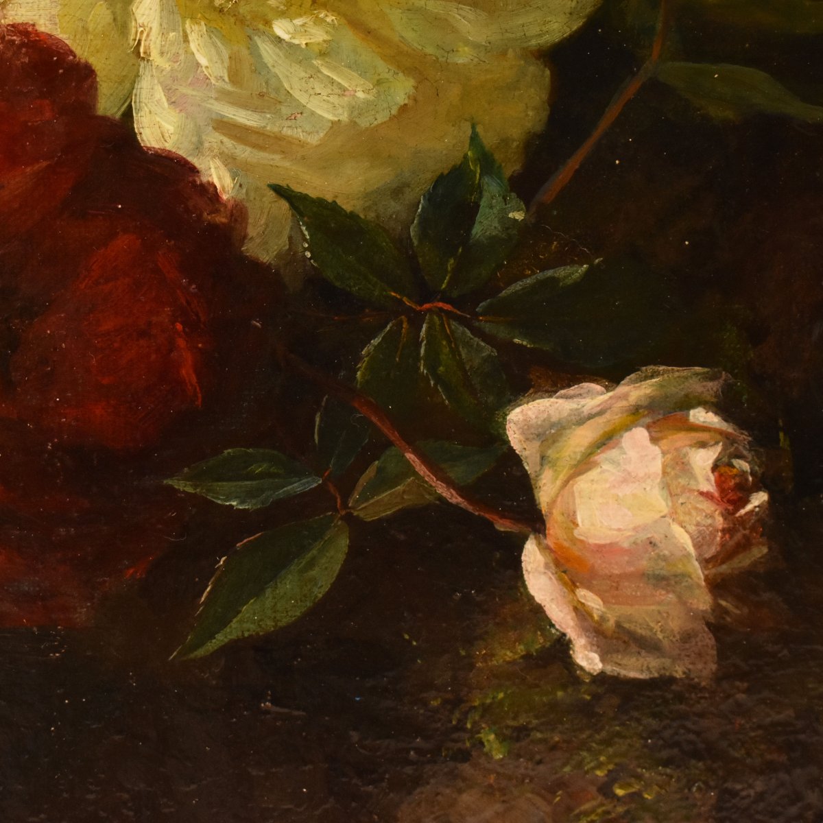 NATURA MORTA DI FIORI CON ROSE, QUADRI ANTICHI, OLIO SU TELA, XIX SECOLO. (QF767)-photo-1