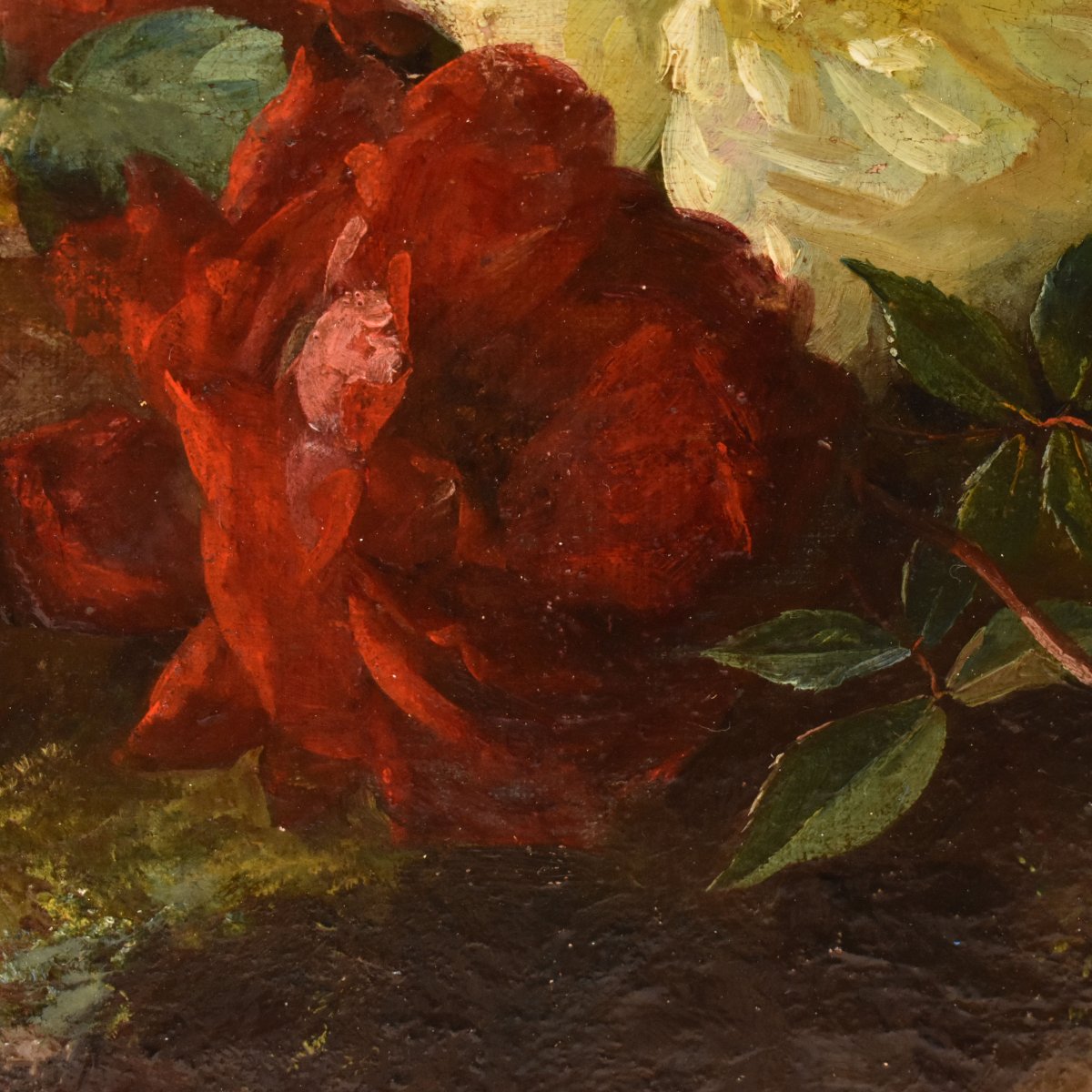 NATURA MORTA DI FIORI CON ROSE, QUADRI ANTICHI, OLIO SU TELA, XIX SECOLO. (QF767)-photo-4