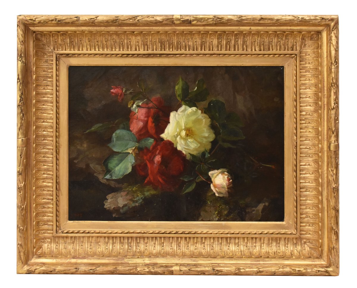NATURA MORTA DI FIORI CON ROSE, QUADRI ANTICHI, OLIO SU TELA, XIX SECOLO. (QF767)