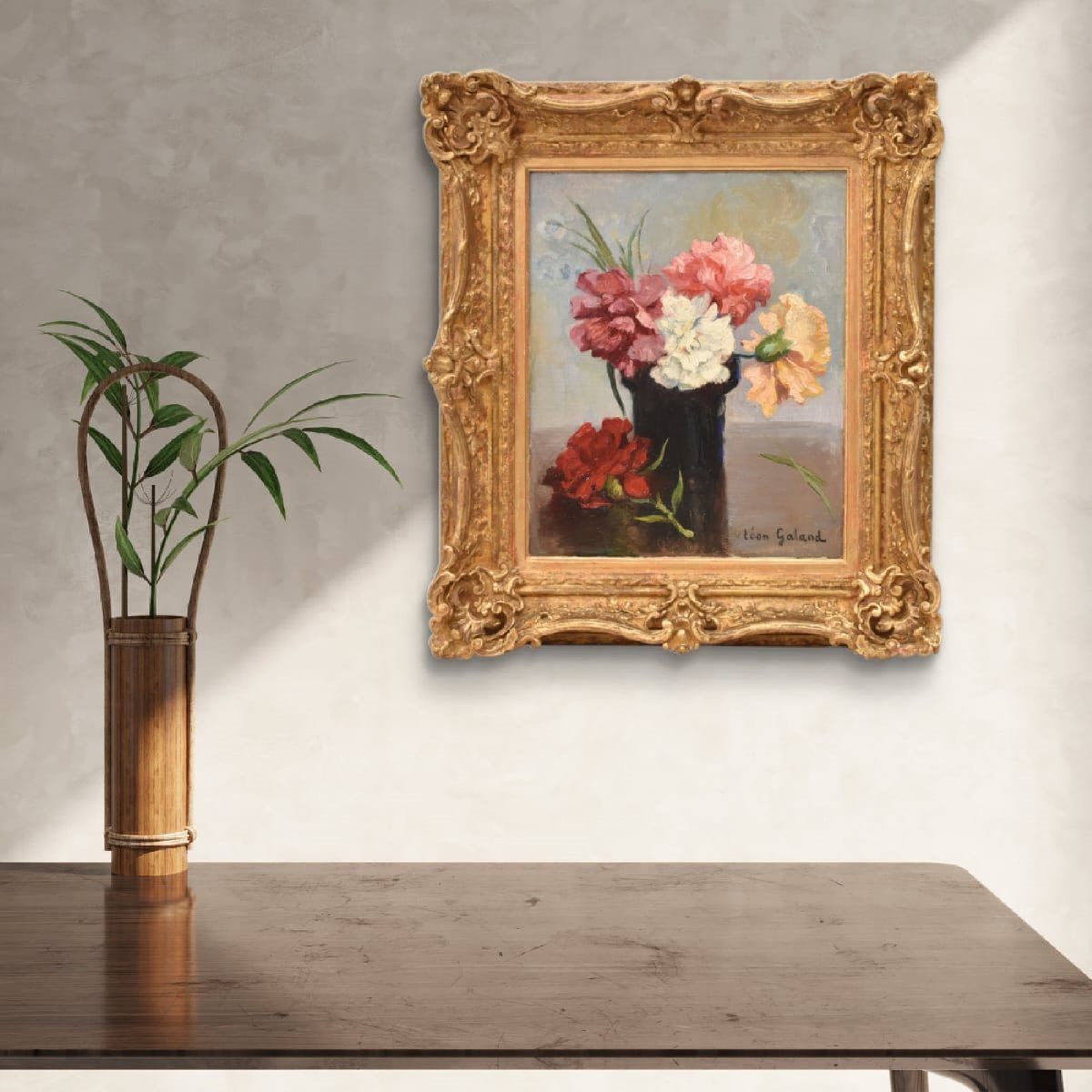QUADRI ANTICHI, ART DECO, PICCOLA NATURA MORTA CON FIORI DI GAROFANI, OLIO SU TELA, XX (QF768)-photo-2
