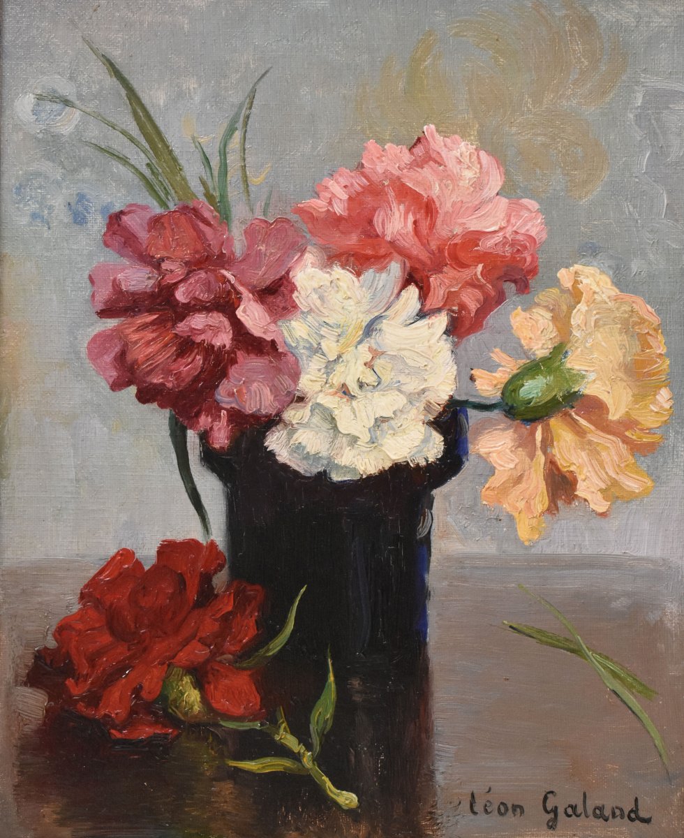 QUADRI ANTICHI, ART DECO, PICCOLA NATURA MORTA CON FIORI DI GAROFANI, OLIO SU TELA, XX (QF768)-photo-3
