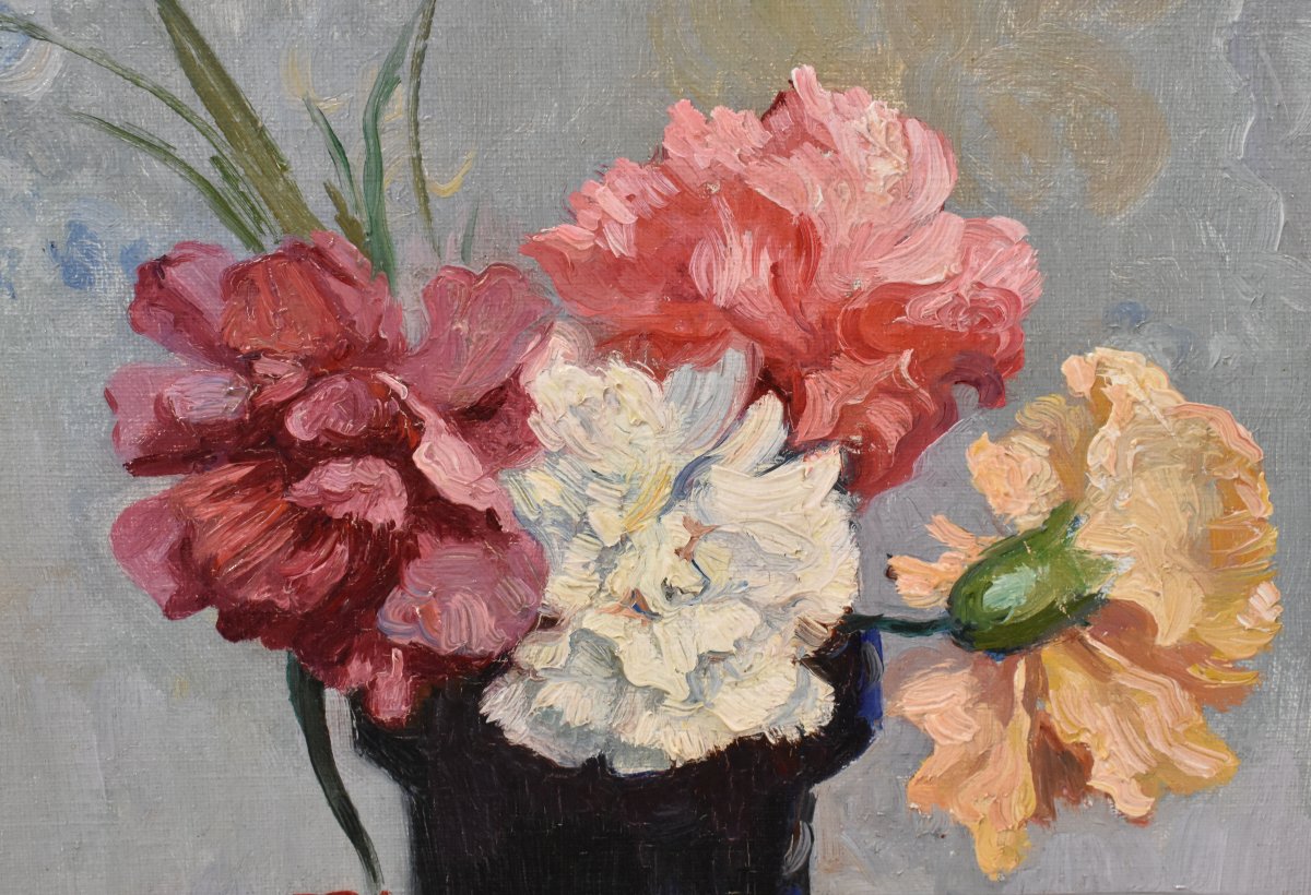 QUADRI ANTICHI, ART DECO, PICCOLA NATURA MORTA CON FIORI DI GAROFANI, OLIO SU TELA, XX (QF768)-photo-4