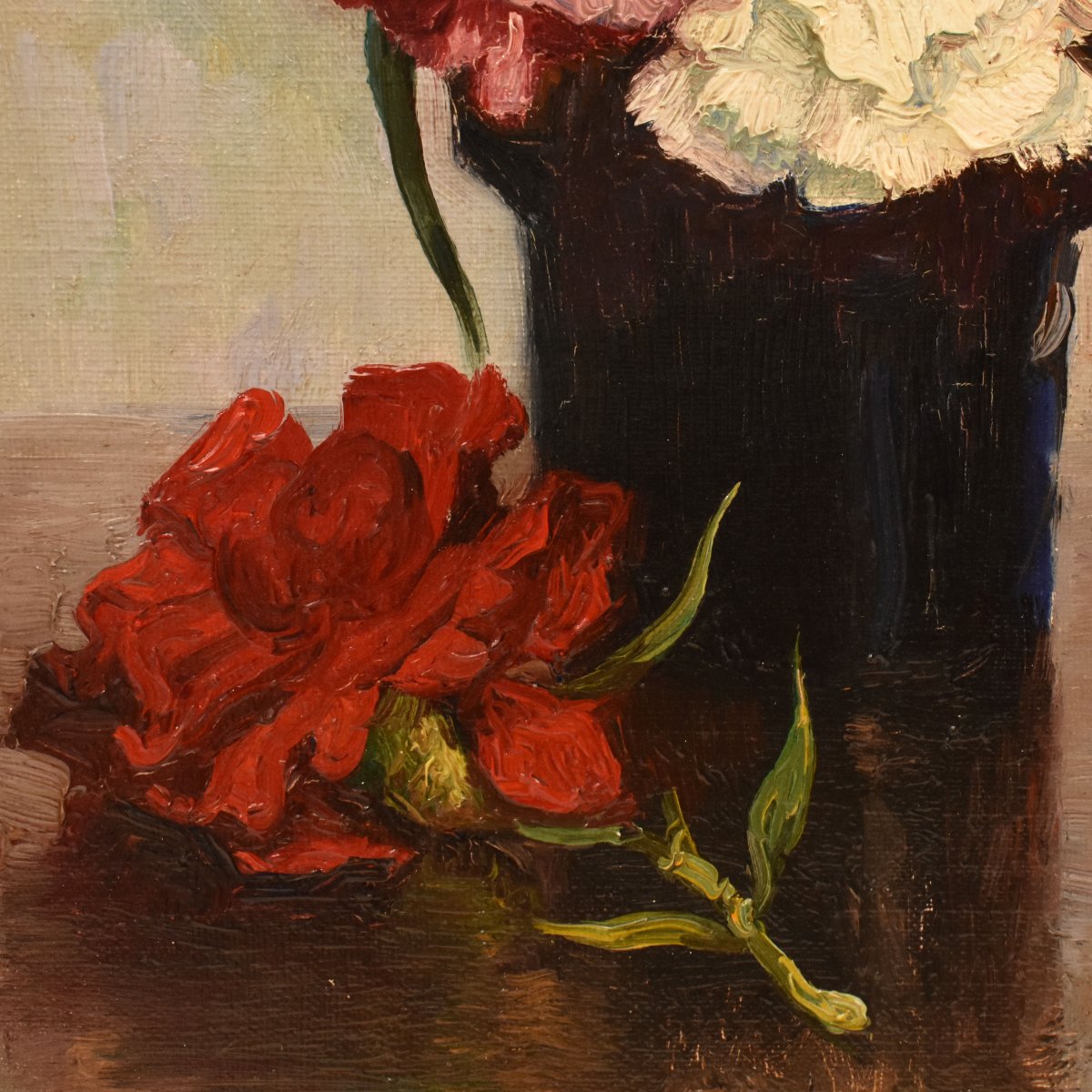 QUADRI ANTICHI, ART DECO, PICCOLA NATURA MORTA CON FIORI DI GAROFANI, OLIO SU TELA, XX (QF768)-photo-2