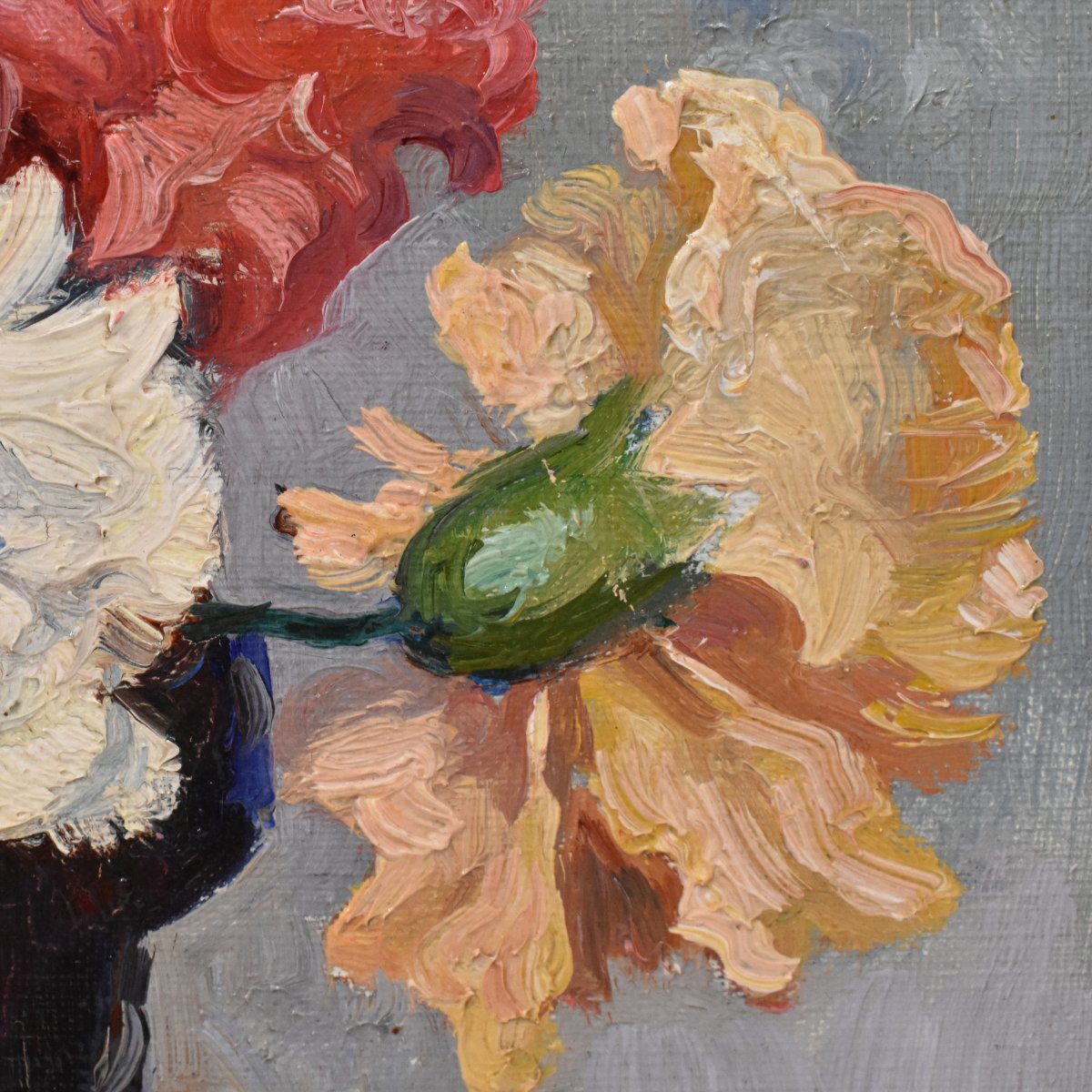 QUADRI ANTICHI, ART DECO, PICCOLA NATURA MORTA CON FIORI DI GAROFANI, OLIO SU TELA, XX (QF768)-photo-3