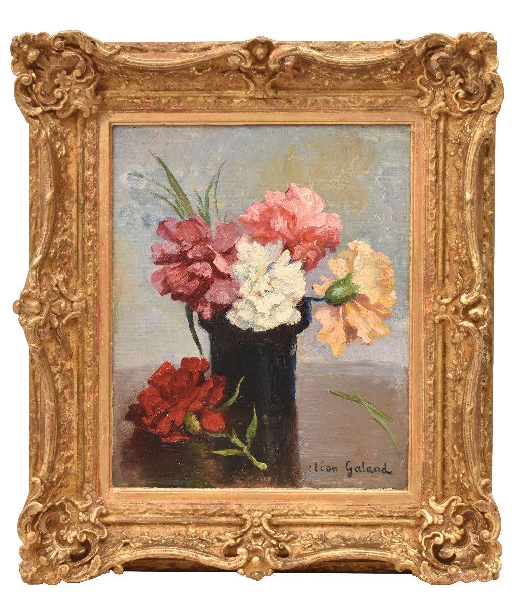 QUADRI ANTICHI, ART DECO, PICCOLA NATURA MORTA CON FIORI DI GAROFANI, OLIO SU TELA, XX (QF768)