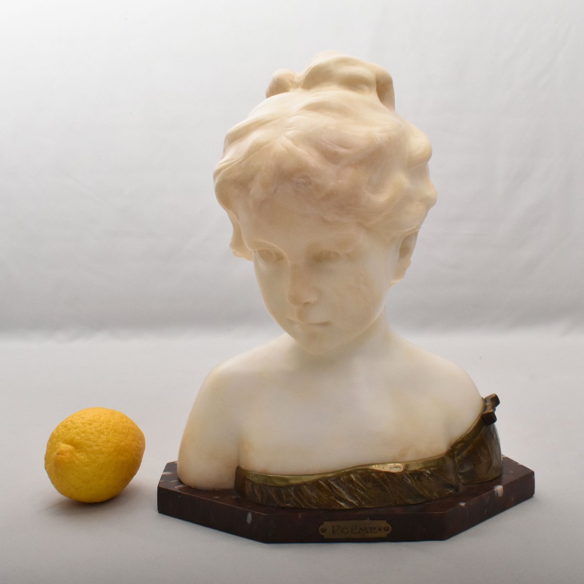 SCULTURE ANTICHE IN ALABASTRO, SCULTURA DI DONNA, BUSTO FEMMINILE “POÈME”,  XIX (STAL107)-photo-2