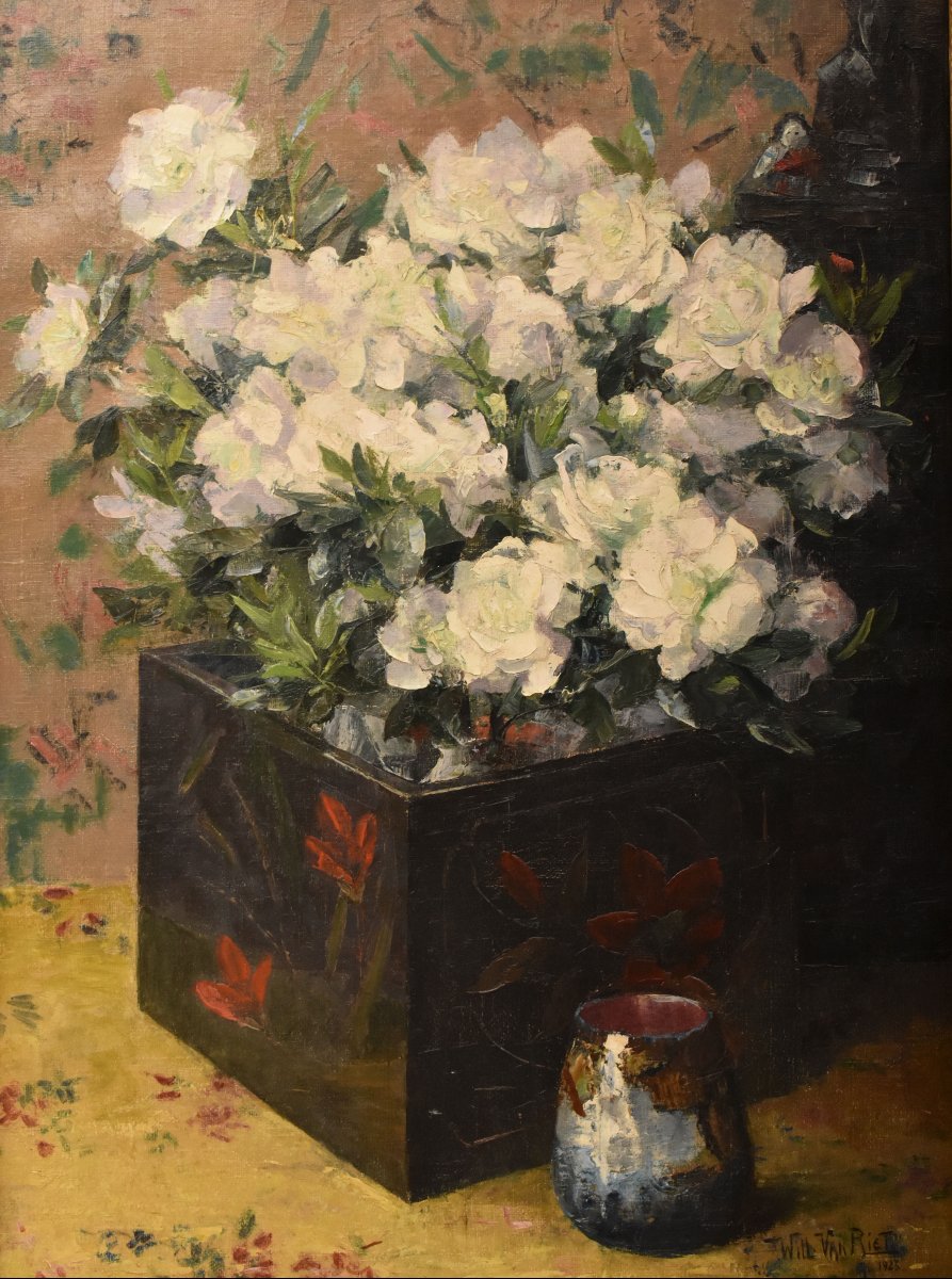 QUADRO ANTICO, ART DECO, NATURA MORTA CON FIORI DI ROSE BIANCHE, OLIO SU TELA (QF771)-photo-3