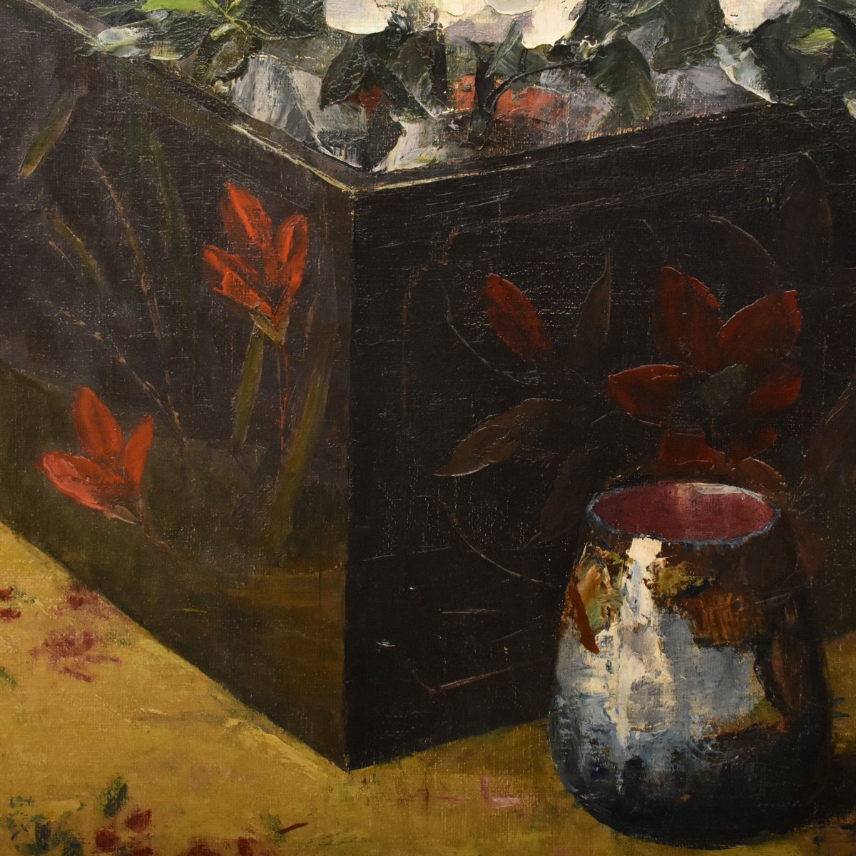 QUADRO ANTICO, ART DECO, NATURA MORTA CON FIORI DI ROSE BIANCHE, OLIO SU TELA (QF771)-photo-1