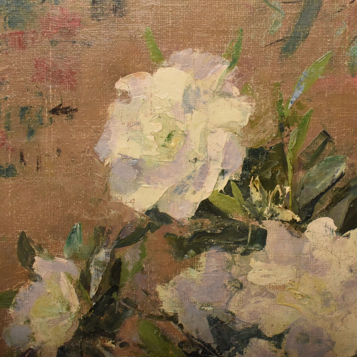 QUADRO ANTICO, ART DECO, NATURA MORTA CON FIORI DI ROSE BIANCHE, OLIO SU TELA (QF771)-photo-2