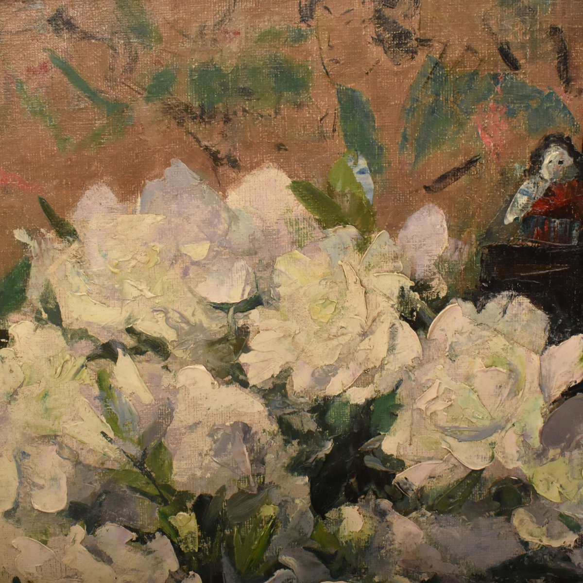 QUADRO ANTICO, ART DECO, NATURA MORTA CON FIORI DI ROSE BIANCHE, OLIO SU TELA (QF771)-photo-3