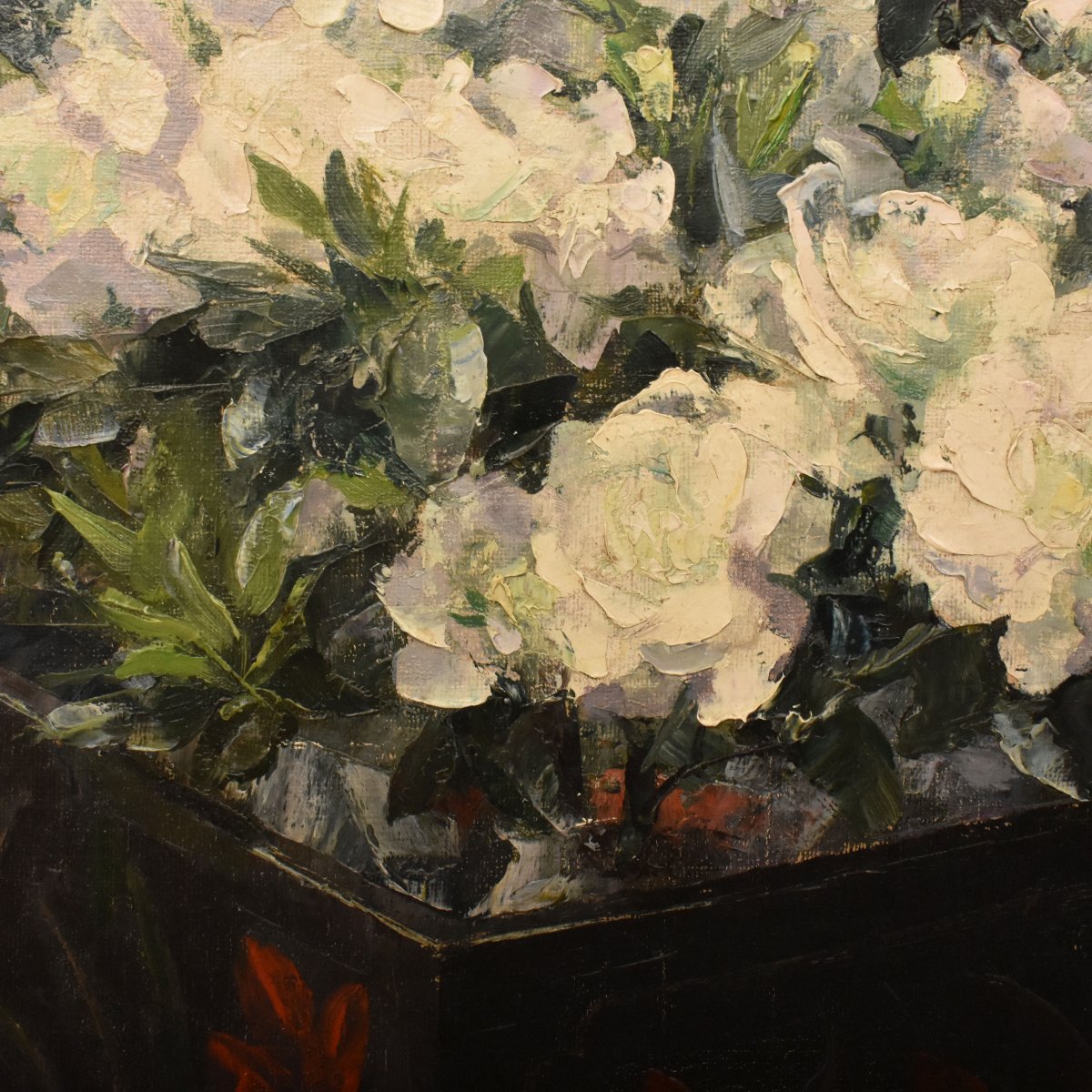 QUADRO ANTICO, ART DECO, NATURA MORTA CON FIORI DI ROSE BIANCHE, OLIO SU TELA (QF771)-photo-4