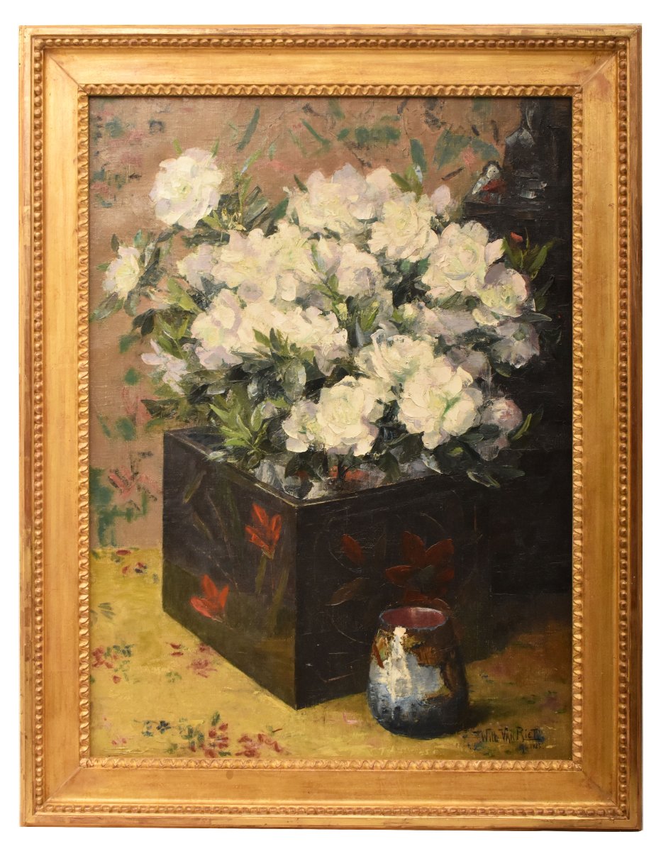 QUADRO ANTICO, ART DECO, NATURA MORTA CON FIORI DI ROSE BIANCHE, OLIO SU TELA (QF771)