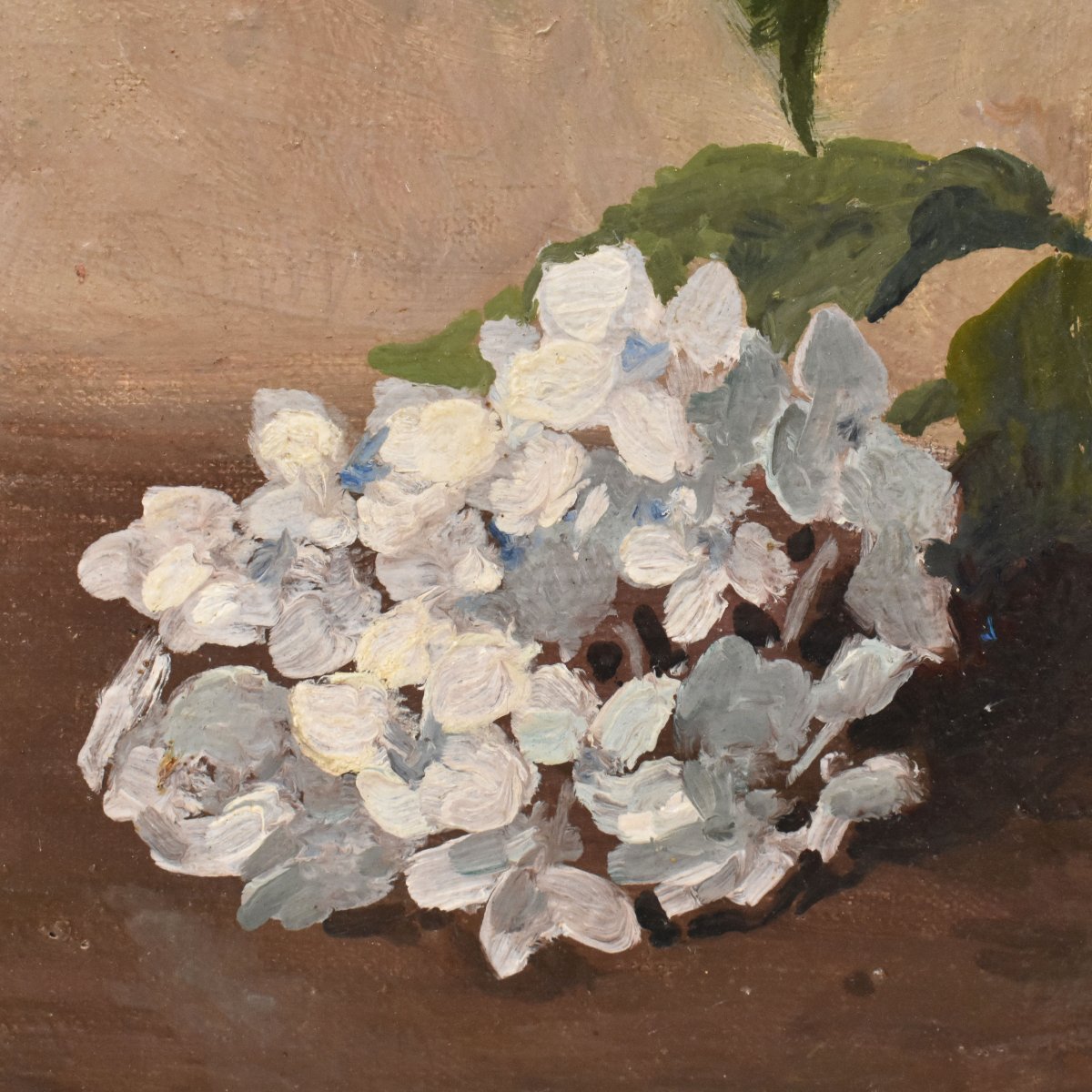 QUADRO ANTICO, ART DECO, NATURA MORTA CON FIORI DI ORTENSIE, OLIO SU TELA, XX SECOLO. (QF775)-photo-1