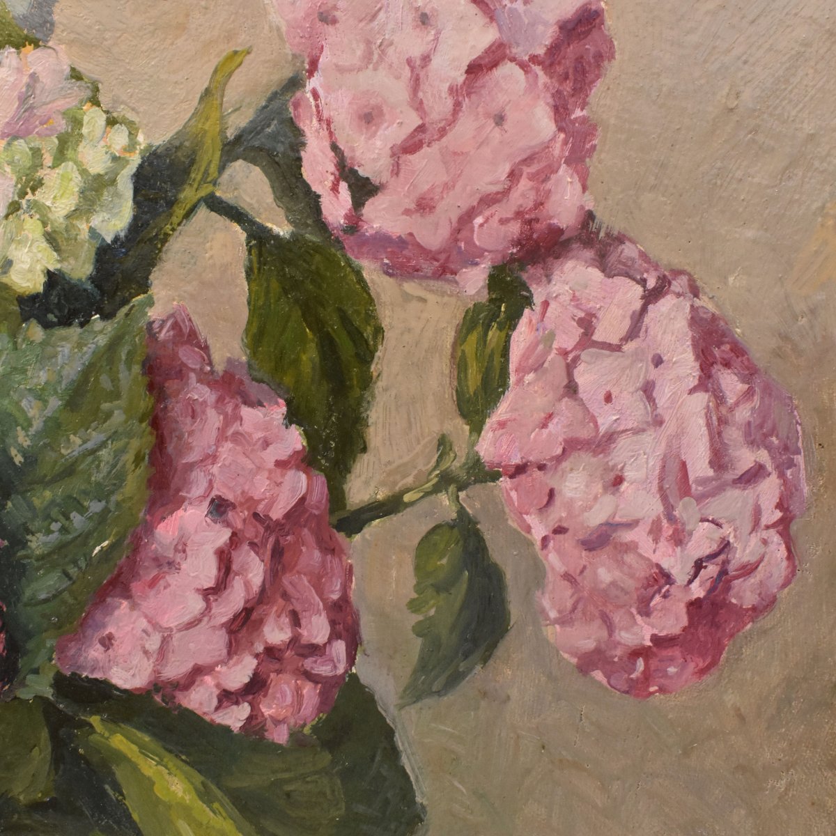 QUADRO ANTICO, ART DECO, NATURA MORTA CON FIORI DI ORTENSIE, OLIO SU TELA, XX SECOLO. (QF775)-photo-3