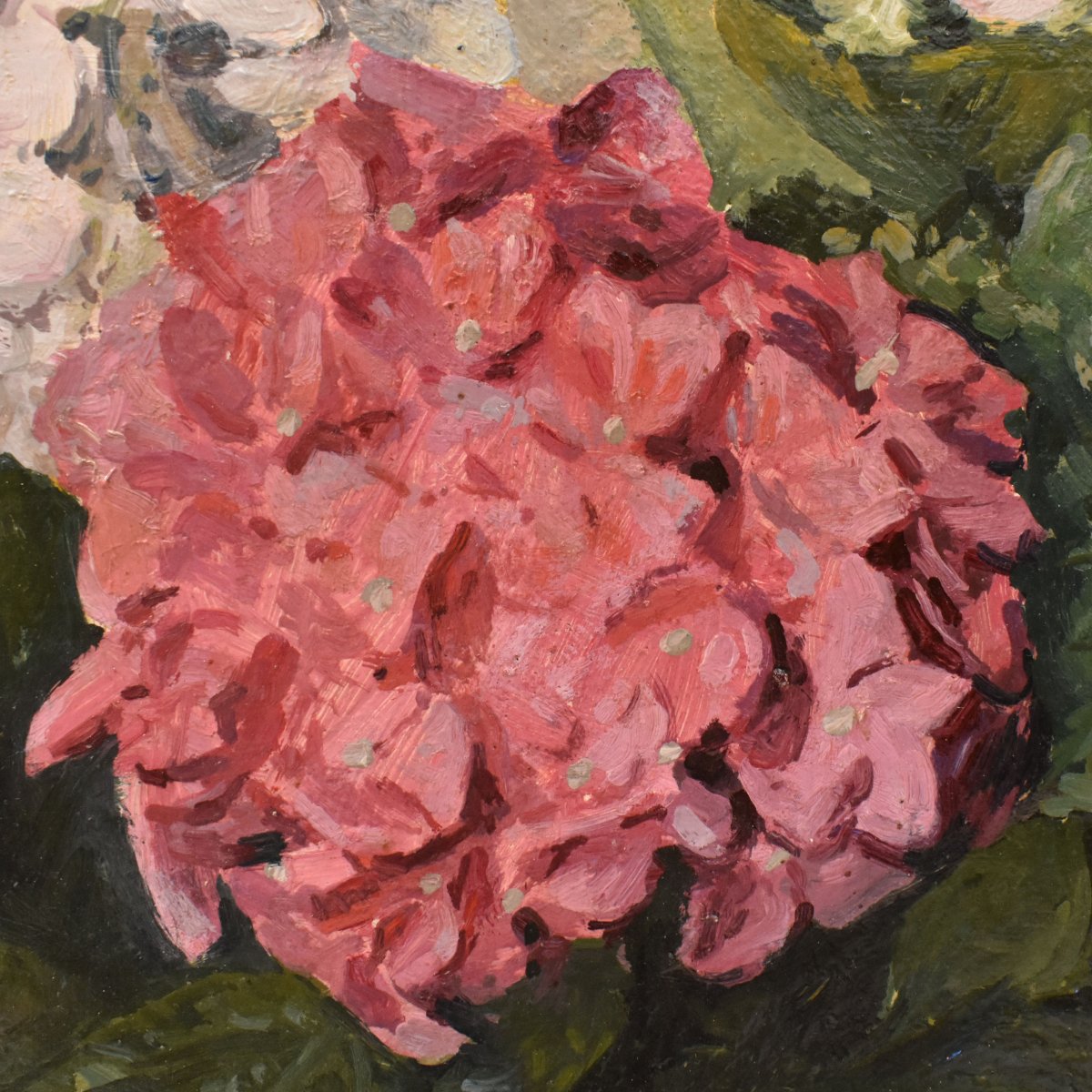 QUADRO ANTICO, ART DECO, NATURA MORTA CON FIORI DI ORTENSIE, OLIO SU TELA, XX SECOLO. (QF775)-photo-4