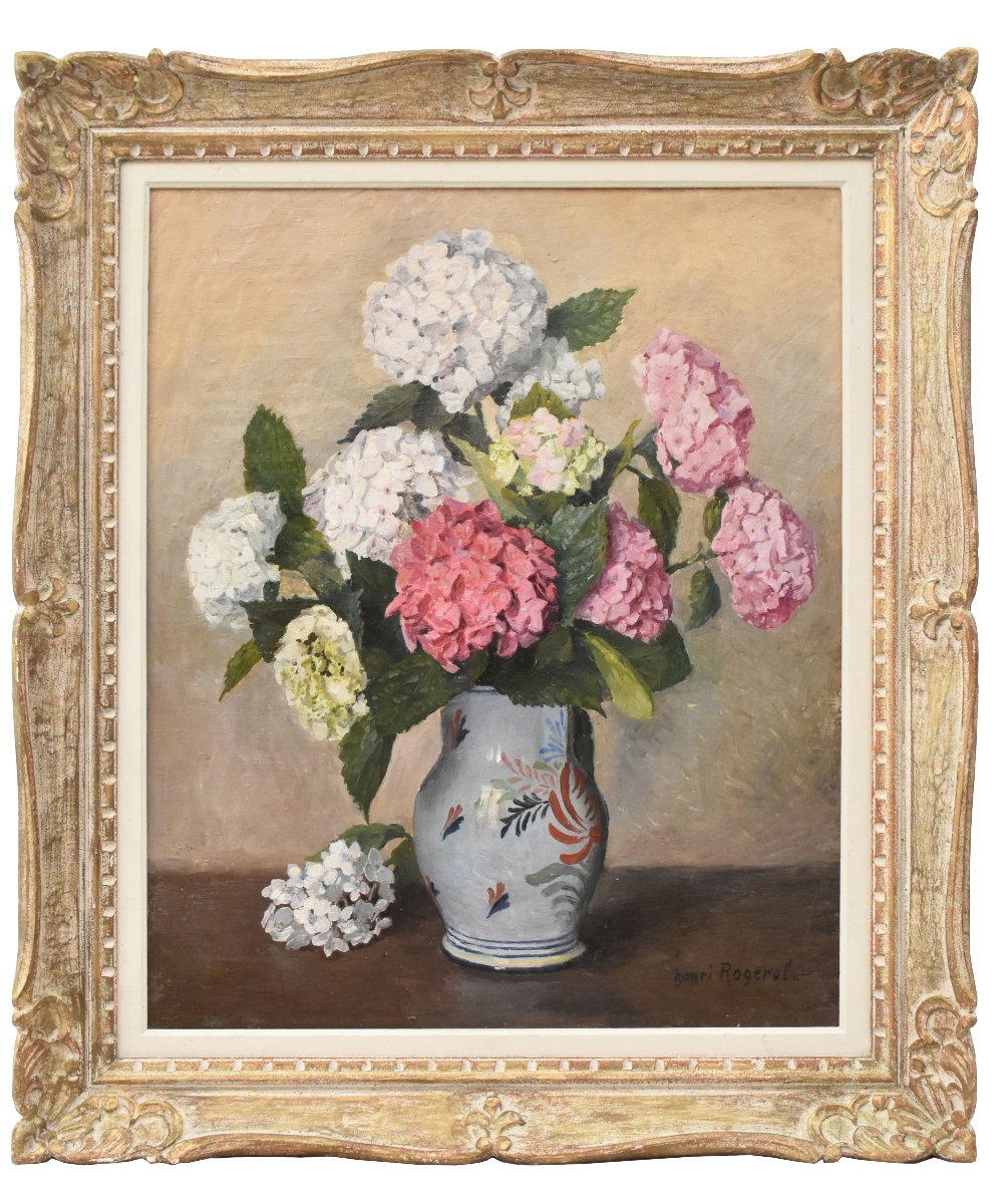 QUADRO ANTICO, ART DECO, NATURA MORTA CON FIORI DI ORTENSIE, OLIO SU TELA, XX SECOLO. (QF775)