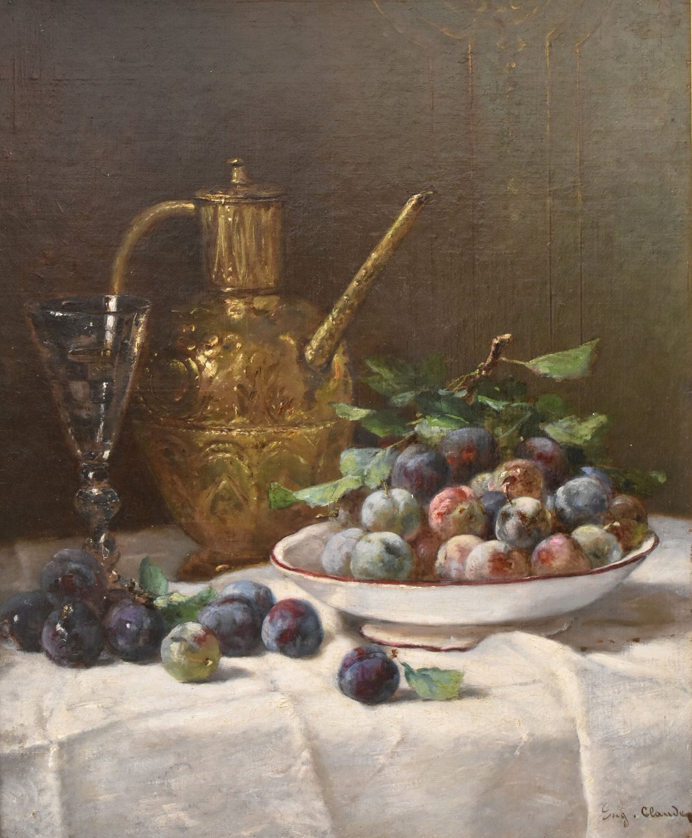 NATURA MORTA CON PRUGNE, QUADRI ANTICHI, OLIO SU TELA, FINE DEL XIX SECOLO. (QNM776)-photo-3