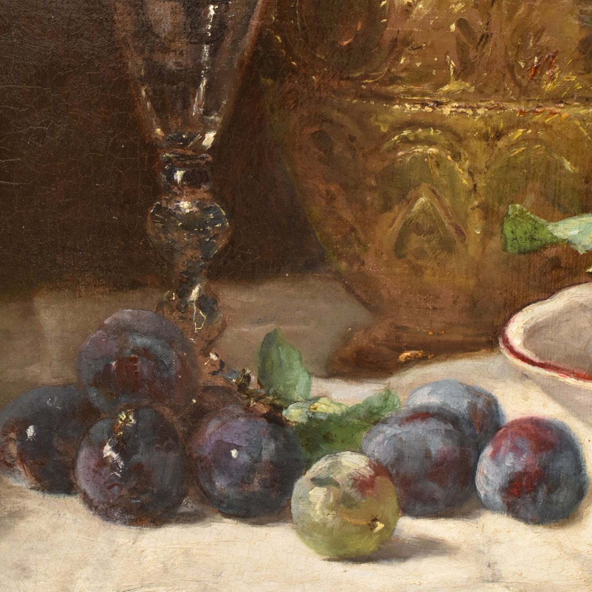 NATURA MORTA CON PRUGNE, QUADRI ANTICHI, OLIO SU TELA, FINE DEL XIX SECOLO. (QNM776)-photo-1