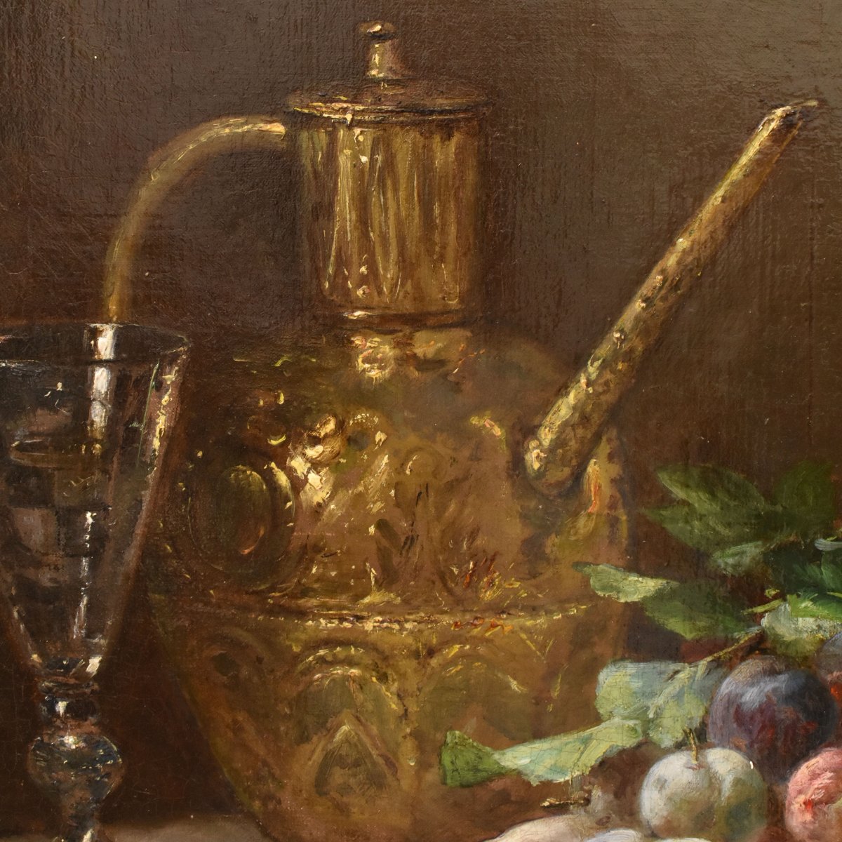NATURA MORTA CON PRUGNE, QUADRI ANTICHI, OLIO SU TELA, FINE DEL XIX SECOLO. (QNM776)-photo-2
