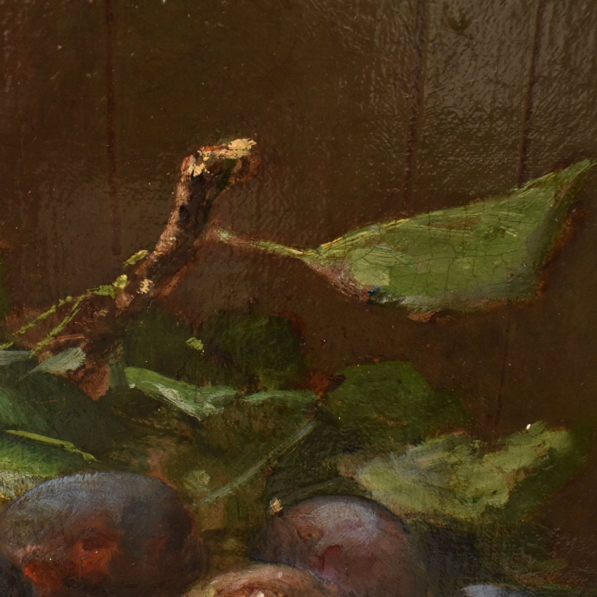 NATURA MORTA CON PRUGNE, QUADRI ANTICHI, OLIO SU TELA, FINE DEL XIX SECOLO. (QNM776)-photo-4