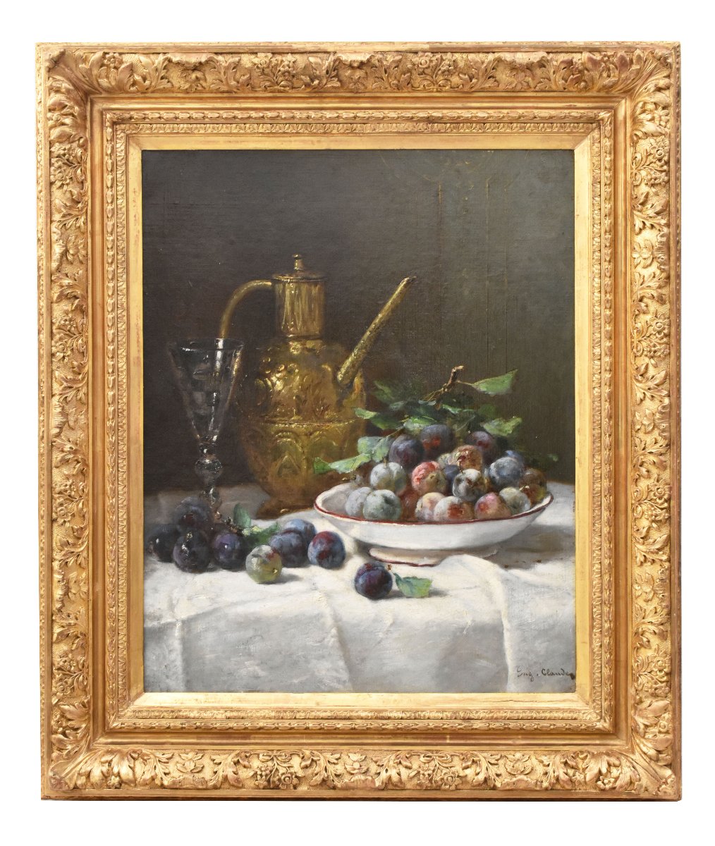 NATURA MORTA CON PRUGNE, QUADRI ANTICHI, OLIO SU TELA, FINE DEL XIX SECOLO. (QNM776)