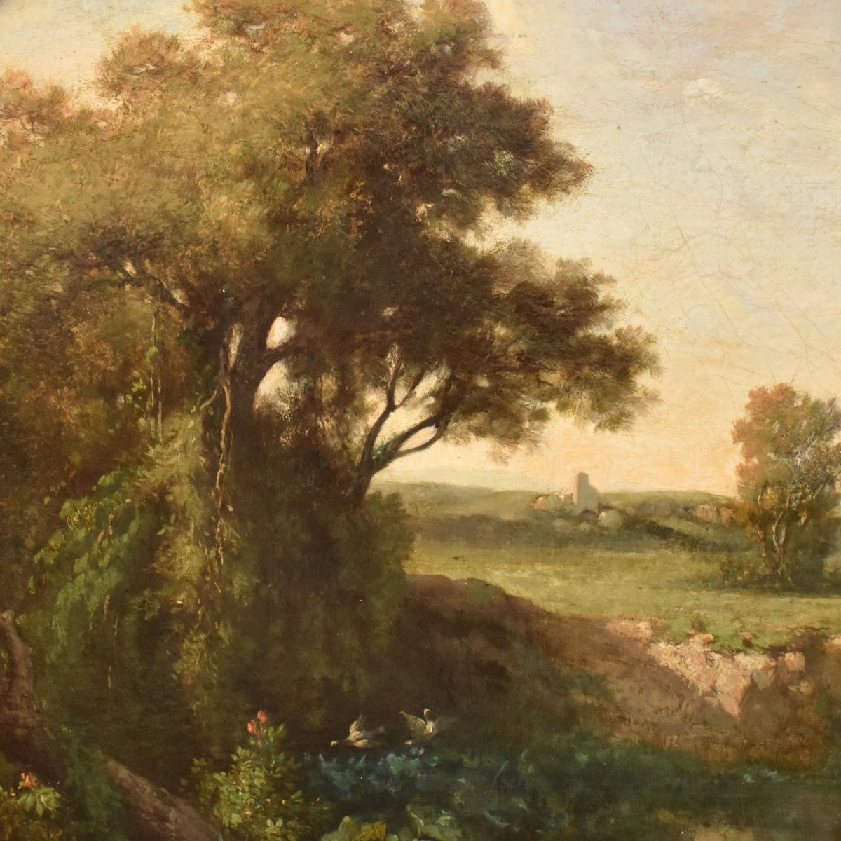 QUADRI ANTICHI, PAESAGGIO ROTONDO FRANCESE, PITTURA NATURALISTICA, OLIO SU TELA, XIX (QP777)-photo-4