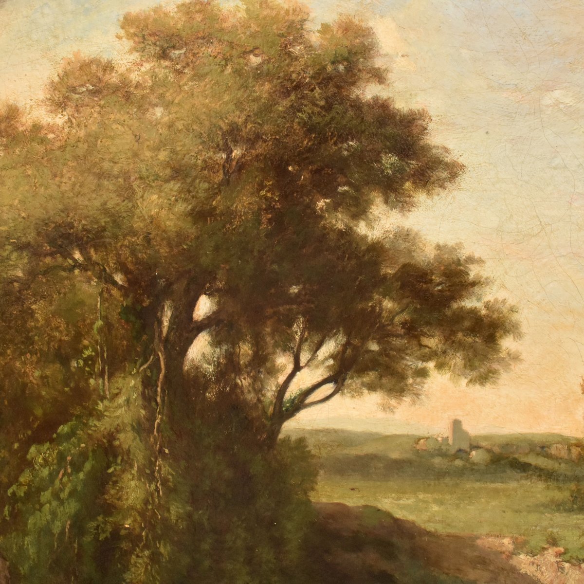 QUADRI ANTICHI, PAESAGGIO ROTONDO FRANCESE, PITTURA NATURALISTICA, OLIO SU TELA, XIX (QP777)-photo-1