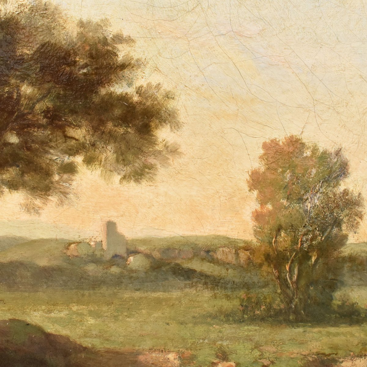 QUADRI ANTICHI, PAESAGGIO ROTONDO FRANCESE, PITTURA NATURALISTICA, OLIO SU TELA, XIX (QP777)-photo-2