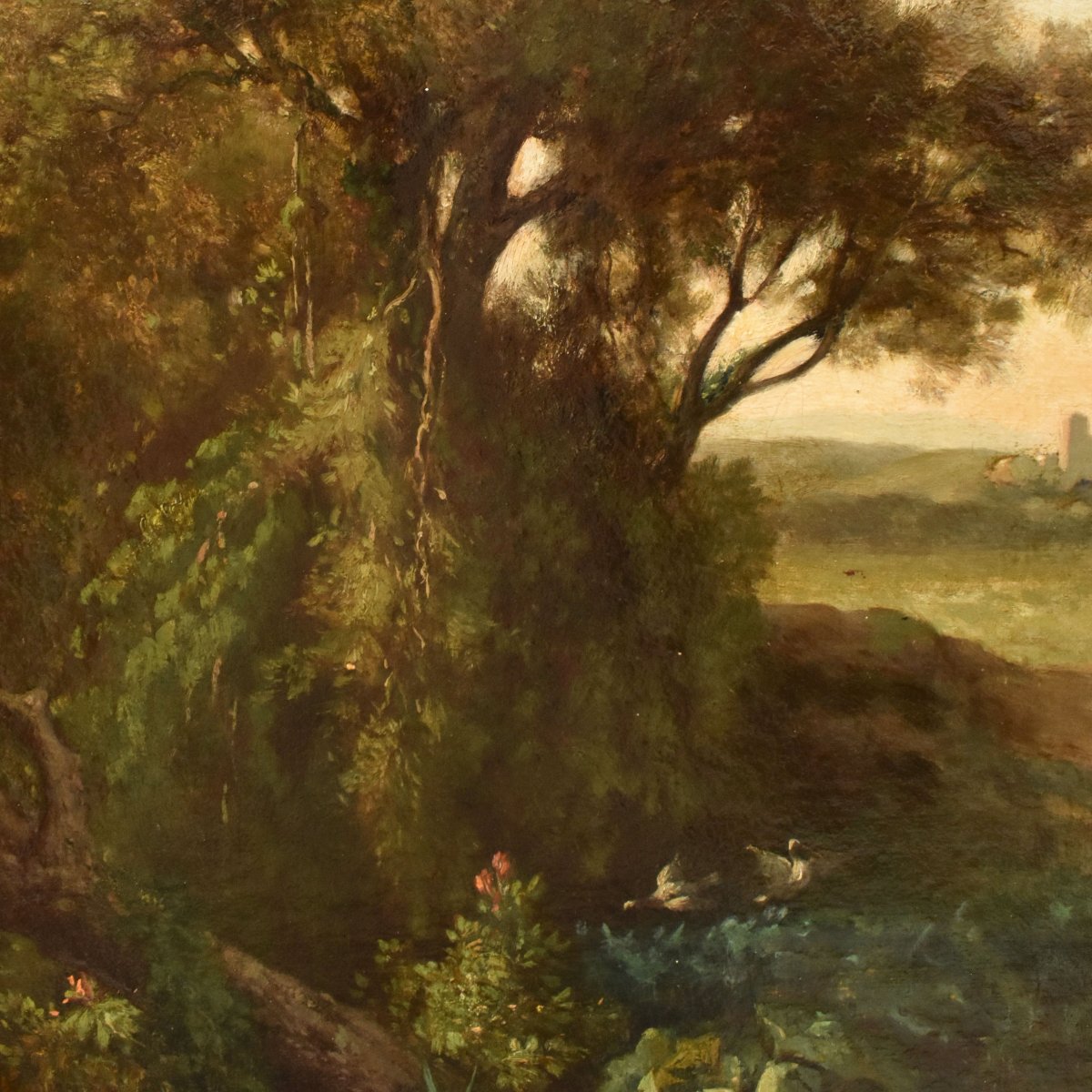 QUADRI ANTICHI, PAESAGGIO ROTONDO FRANCESE, PITTURA NATURALISTICA, OLIO SU TELA, XIX (QP777)-photo-3