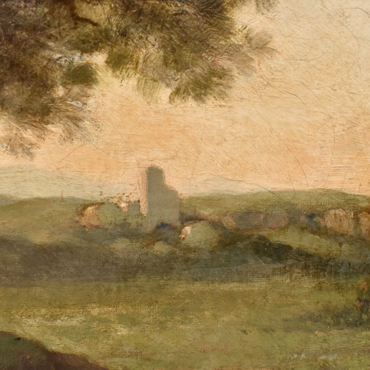 QUADRI ANTICHI, PAESAGGIO ROTONDO FRANCESE, PITTURA NATURALISTICA, OLIO SU TELA, XIX (QP777)-photo-4