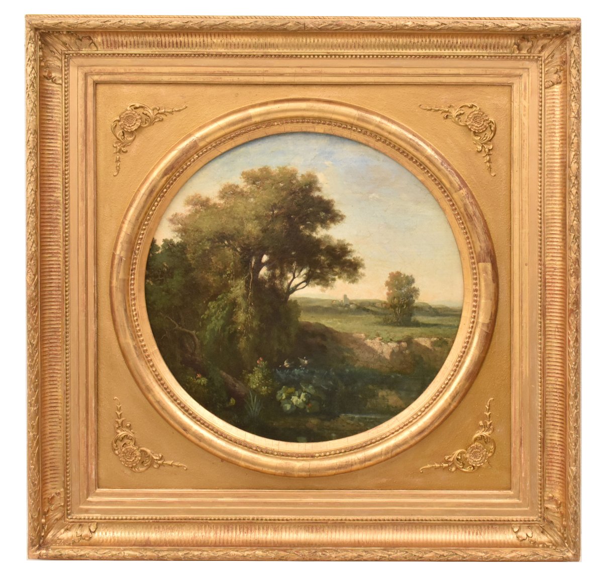 QUADRI ANTICHI, PAESAGGIO ROTONDO FRANCESE, PITTURA NATURALISTICA, OLIO SU TELA, XIX (QP777)