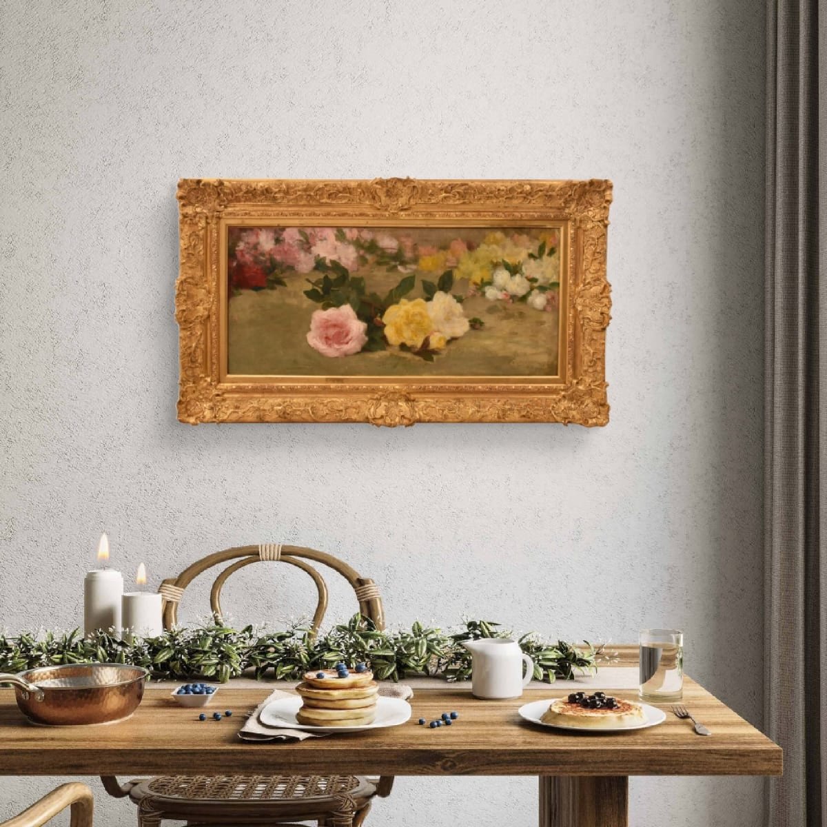 QUADRO ANTICO, JETÈ DE ROSES, ACHILLE CESBRON, NATURA MORTA ROSE, OLIO SU TELA, XIX (QF782)-photo-2