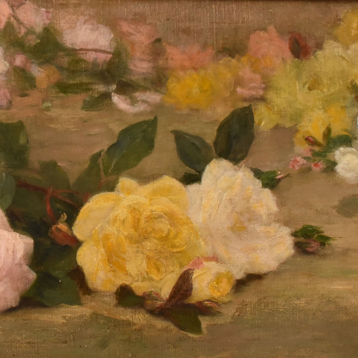 QUADRO ANTICO, JETÈ DE ROSES, ACHILLE CESBRON, NATURA MORTA ROSE, OLIO SU TELA, XIX (QF782)-photo-3