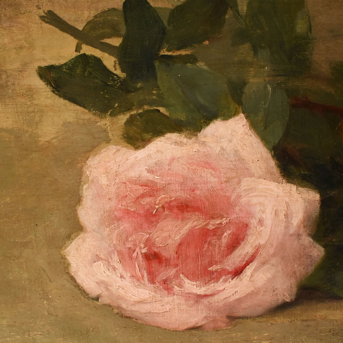 QUADRO ANTICO, JETÈ DE ROSES, ACHILLE CESBRON, NATURA MORTA ROSE, OLIO SU TELA, XIX (QF782)-photo-4