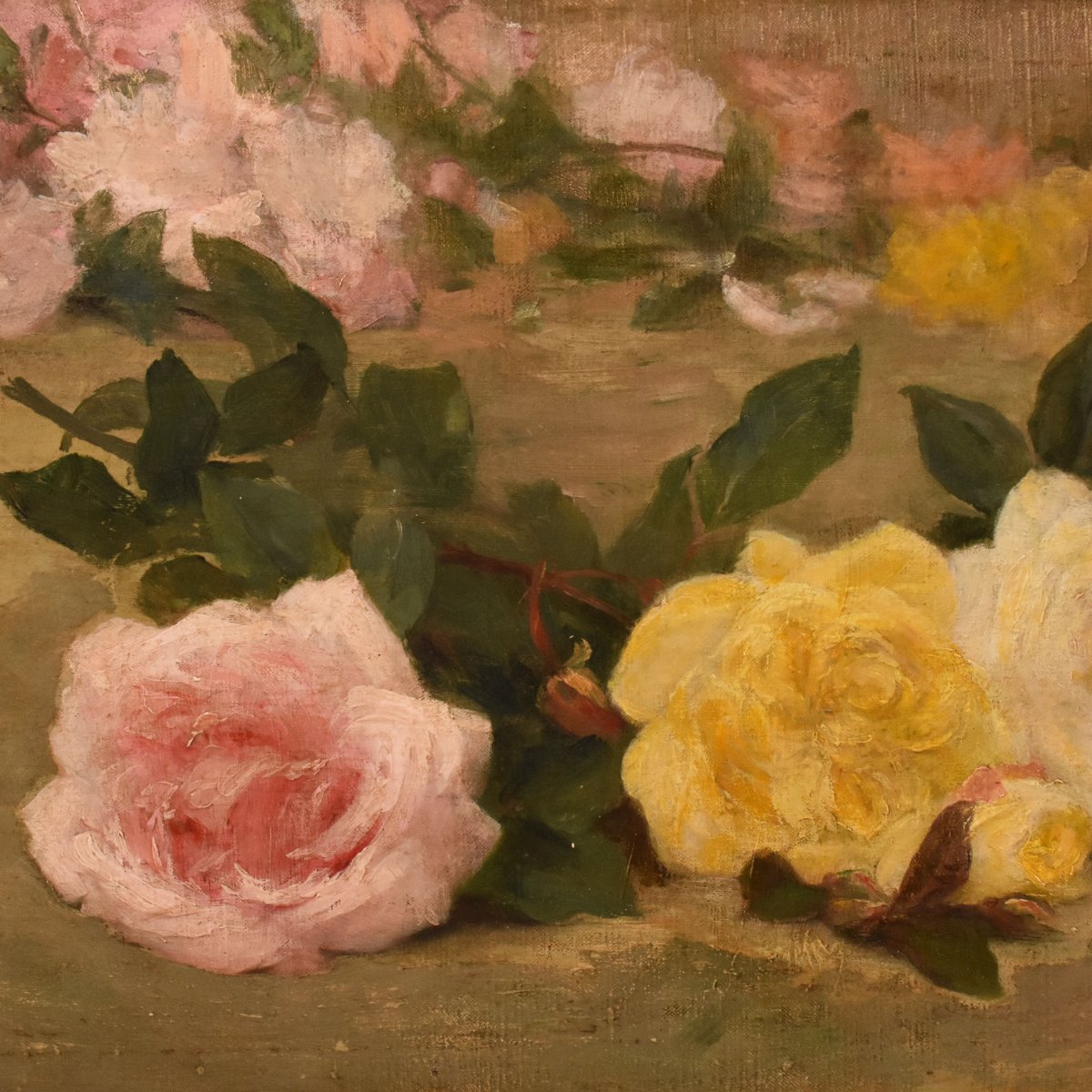 QUADRO ANTICO, JETÈ DE ROSES, ACHILLE CESBRON, NATURA MORTA ROSE, OLIO SU TELA, XIX (QF782)-photo-3