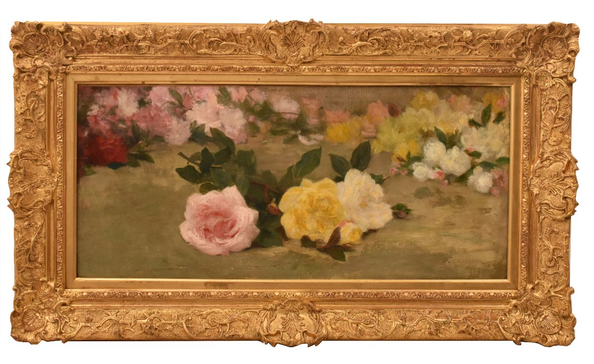 QUADRO ANTICO, JETÈ DE ROSES, ACHILLE CESBRON, NATURA MORTA ROSE, OLIO SU TELA, XIX (QF782)