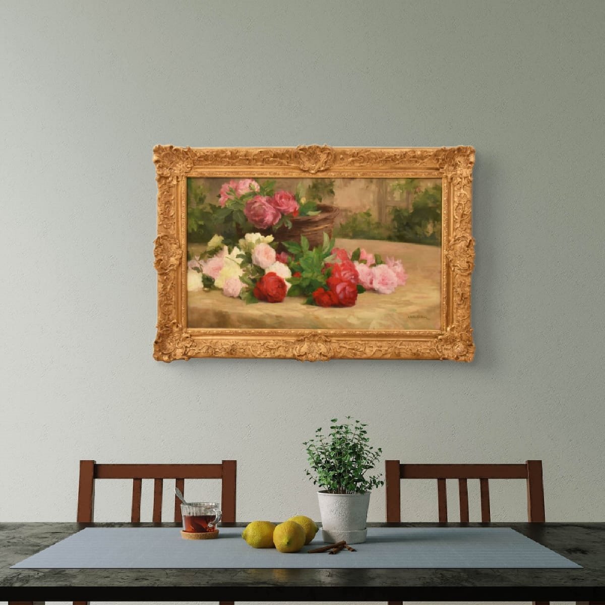 QUADRO ANTICO, CESTO DI ROSES, ACHILLE CESBRON, NATURA MORTA DI ROSE, OLIO SU TELA, (QF783)-photo-2