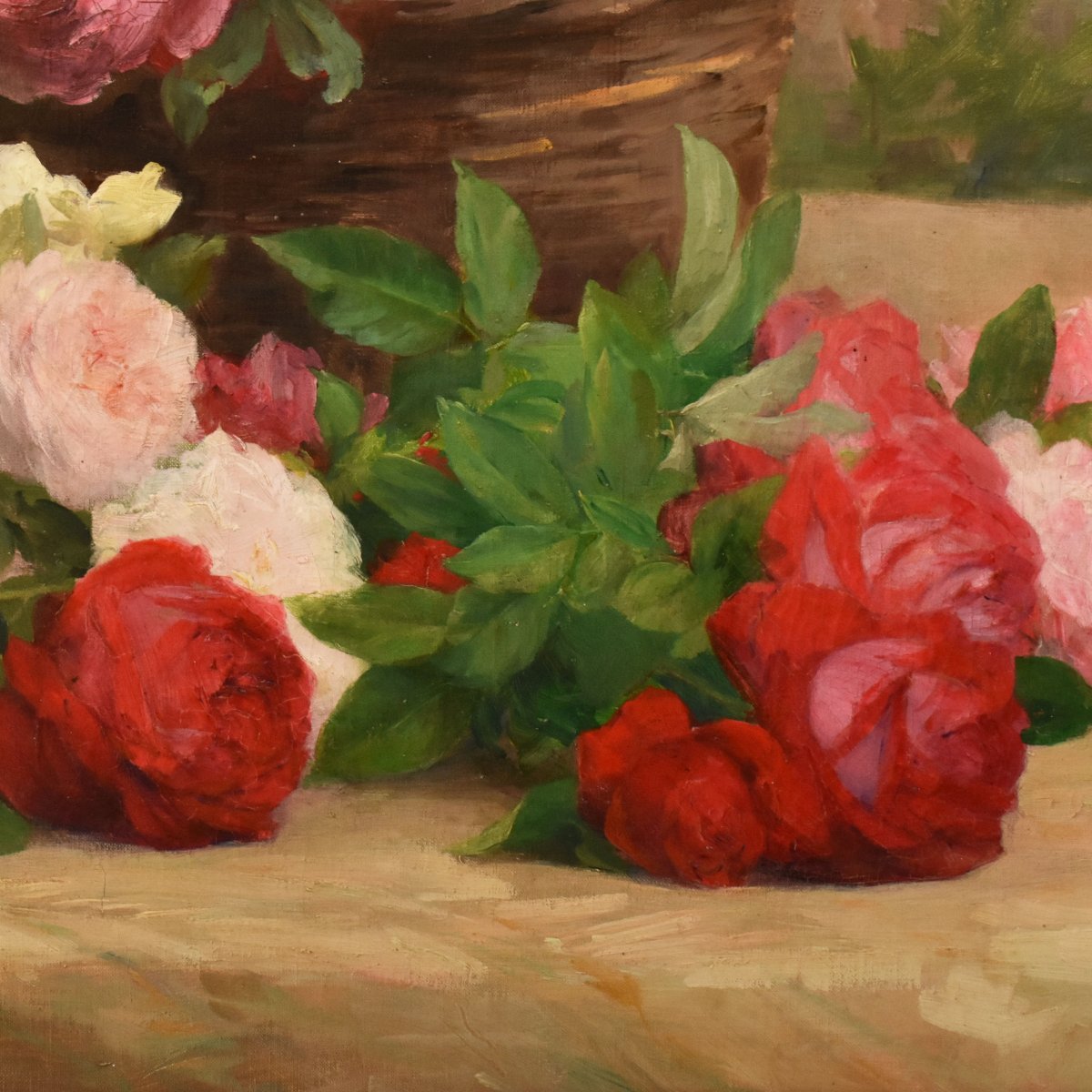 QUADRO ANTICO, CESTO DI ROSES, ACHILLE CESBRON, NATURA MORTA DI ROSE, OLIO SU TELA, (QF783)-photo-4