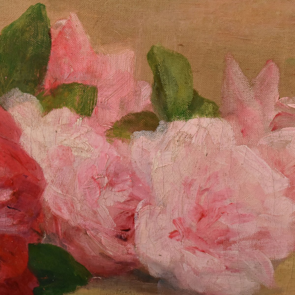QUADRO ANTICO, CESTO DI ROSES, ACHILLE CESBRON, NATURA MORTA DI ROSE, OLIO SU TELA, (QF783)-photo-2