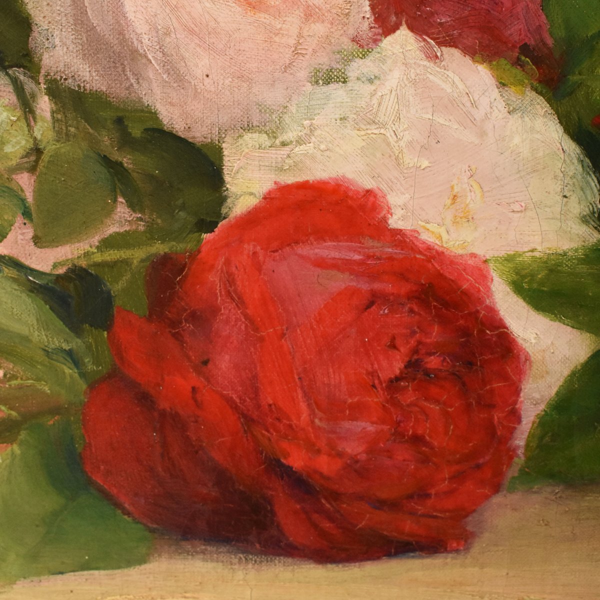 QUADRO ANTICO, CESTO DI ROSES, ACHILLE CESBRON, NATURA MORTA DI ROSE, OLIO SU TELA, (QF783)-photo-3